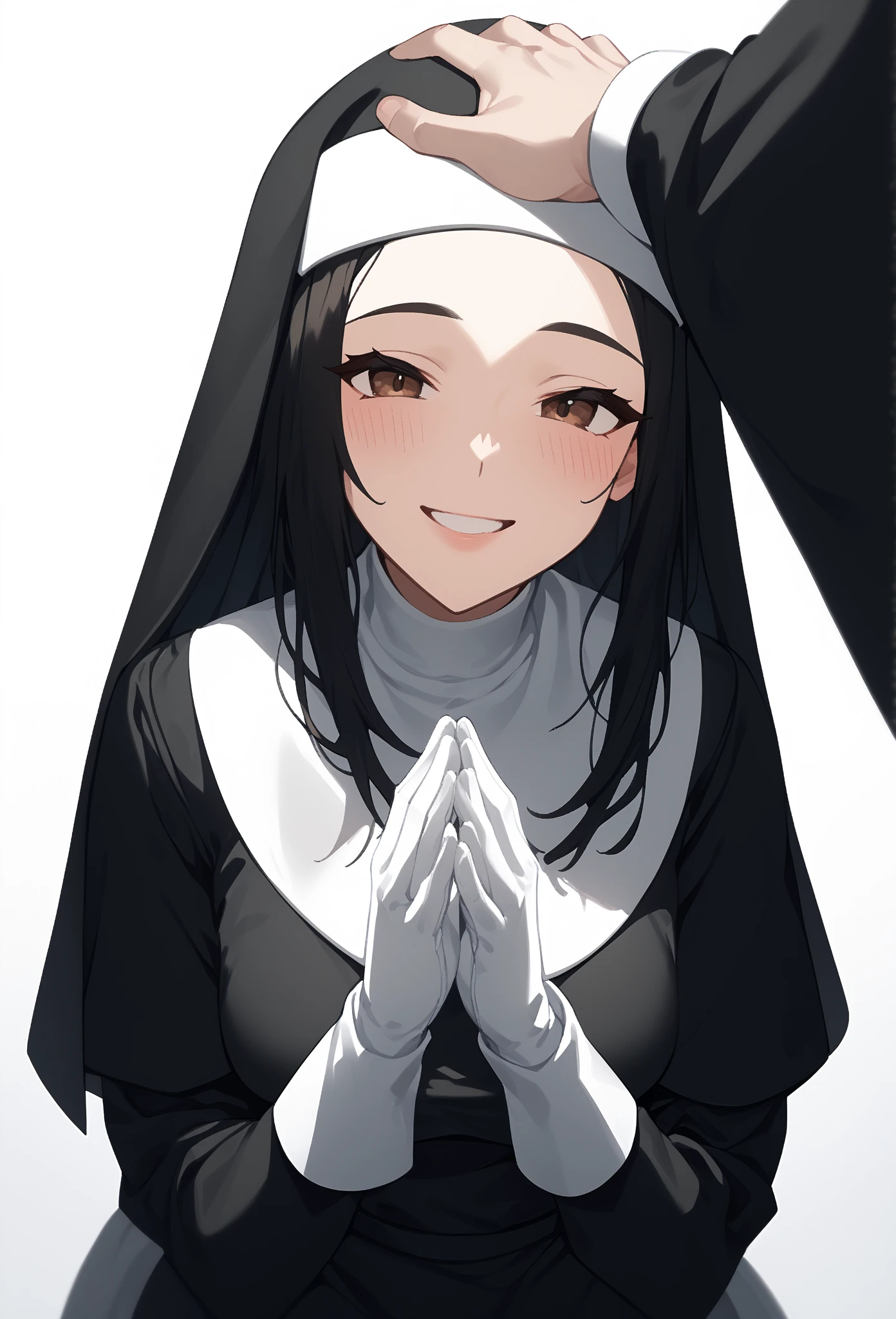 Anime-style character, source_anime, 1woman, Adult, mature woman, 20 year old, Cool anime girl, nun (black nun habit, white glove), happy expression, joyful, blush, calm, smilling, wholesome look, headpat, pov hands, (perfect anatomy, perfect proportions, perfect figure:1.3), deep brown eyes, long hair, black hair, straight hair, lob haircut, curvy body, thick, flat breasts, (half body, medium shot, high angle, Looking at viewer), (background: white background),