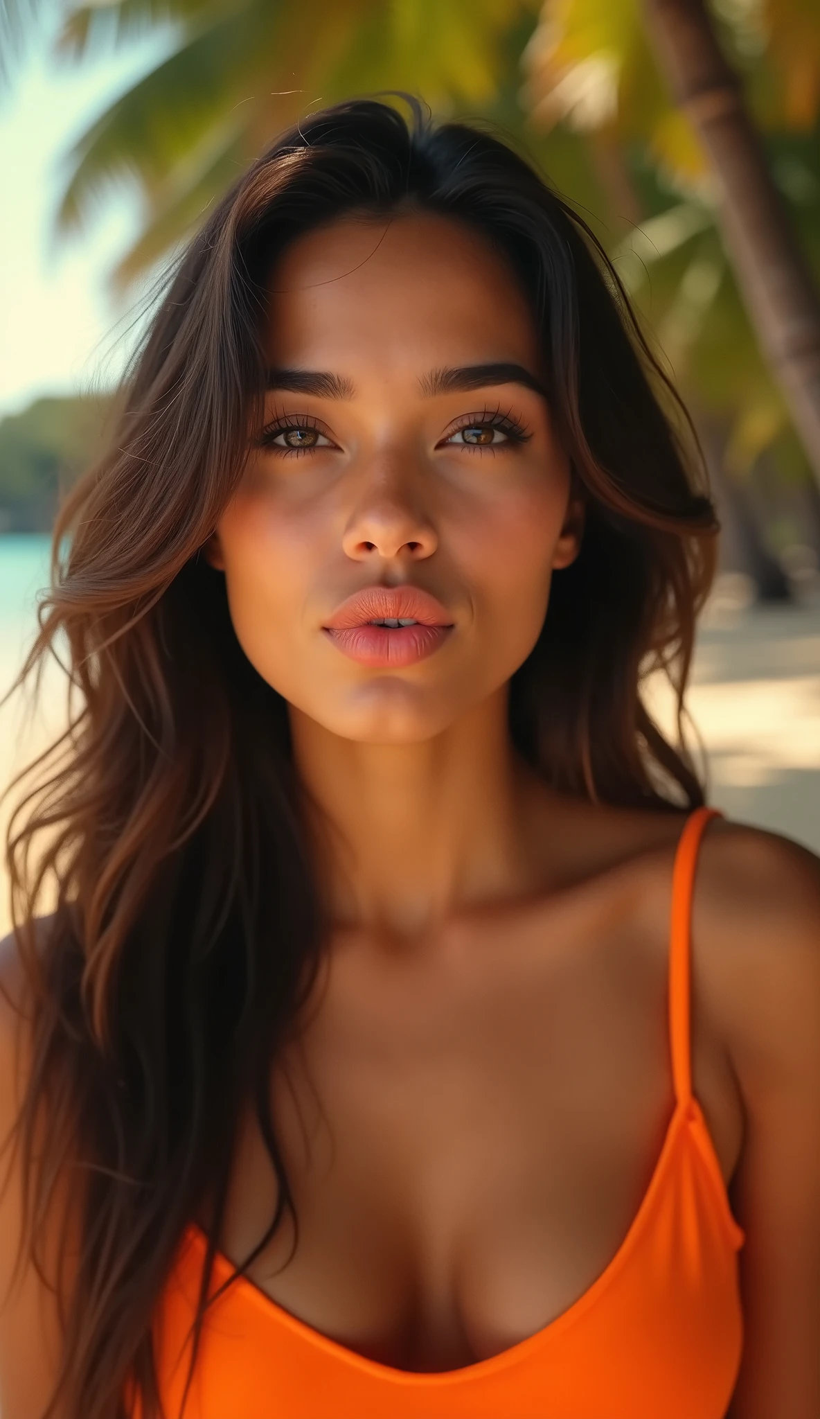 photo realistic, ultra realistic, masterpiece, best quality, highres, absurdres, hot european woman, long black and straight hair, elegant perfect hair, (30 years old, hazel eyes, hourglass figure, perfect fit body, natural big breasts), femme fatale, detailed face, detailed eyes, flirtatious eyes, beautiful long eyelashes, detailled lips, naughty smile, lips slightly parted, wearing a sexy yellow push-up bikini, amazing cleavage, laying seductively on the beach, windy day, shiny wet skin, close-up, extreme close-up