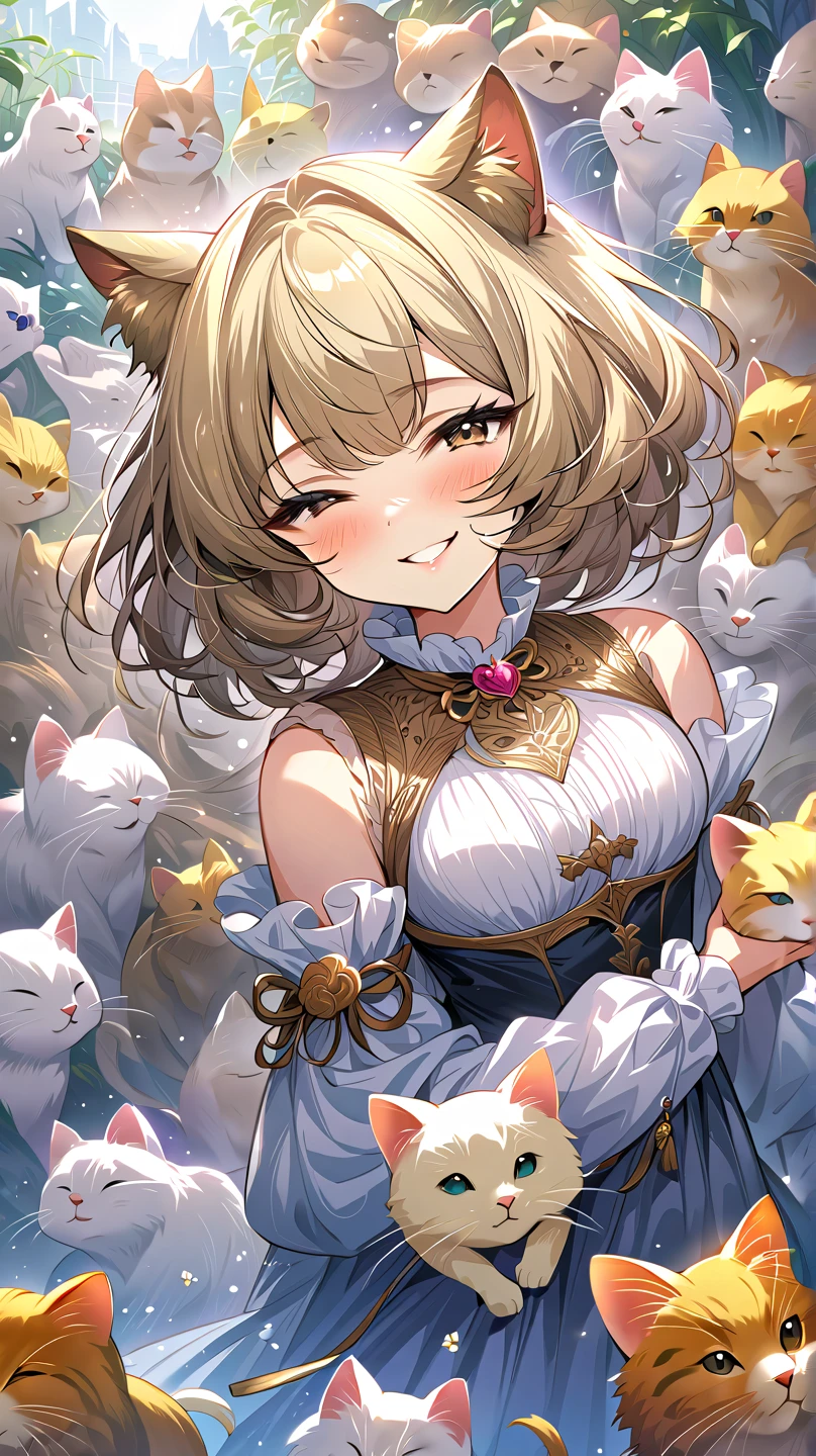 ((  Masterpiece  )), (( top quality)), ( super detailed:1.2)、A girl who is hugged by many cats and has a very smiling face