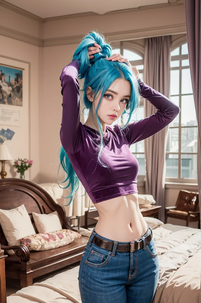 girl, blue hair, purple eyes, long sleeved velvet top, midriff, navel, long pants, belt, jewels, on bed, stretching arms, relaxed, royal bedroom