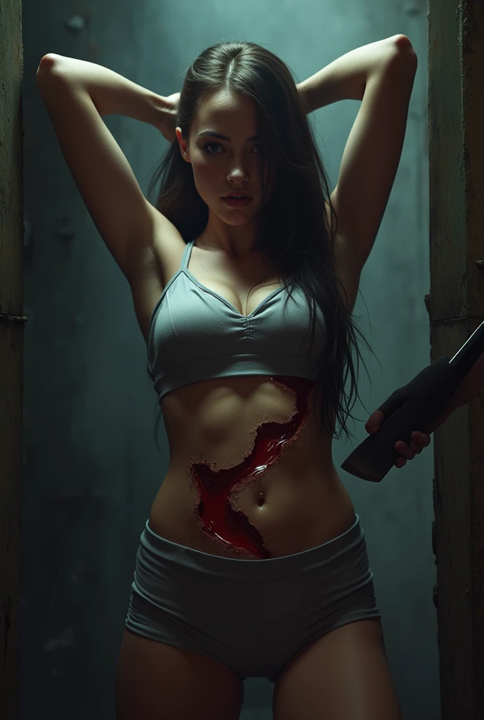 The women .waring a black dress and holding a big gun and his face, nack, and hand some blood and his standing a dark Forest his background like a banner on it my birthday