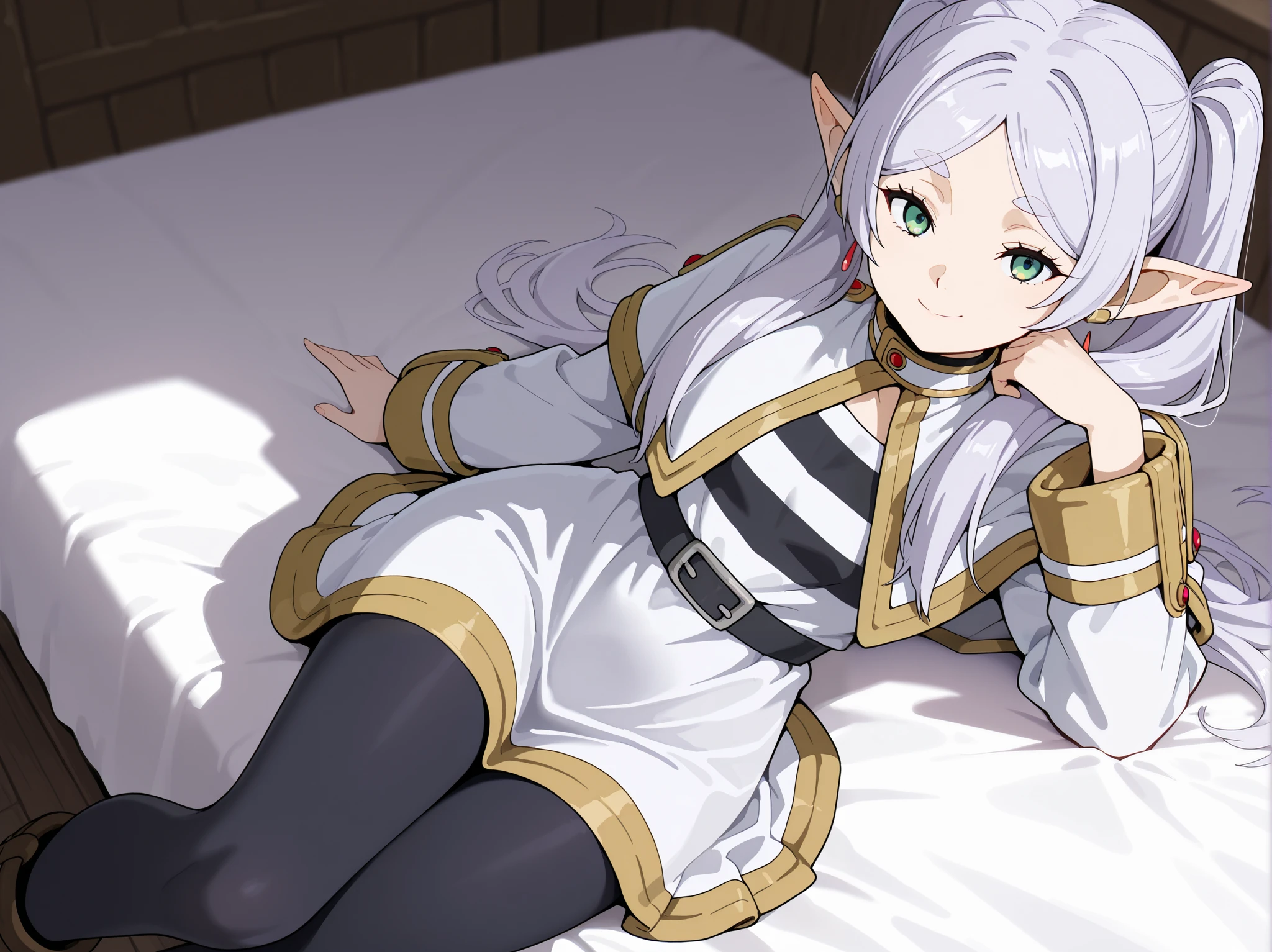 (masterpiece), best quality, absurdres, very aesthetic, nice hands, 1 girl,zzFrieren, long hair, smile,  twintails, green eyes, grey hair, pointy ears, elf, zzFrieren, long hair, twintails, green eyes, grey hair, pointy ears, elf, shirt, long sleeves, jewelry, earrings, striped, capelet, striped shirt, white skirt, black pantyhose,