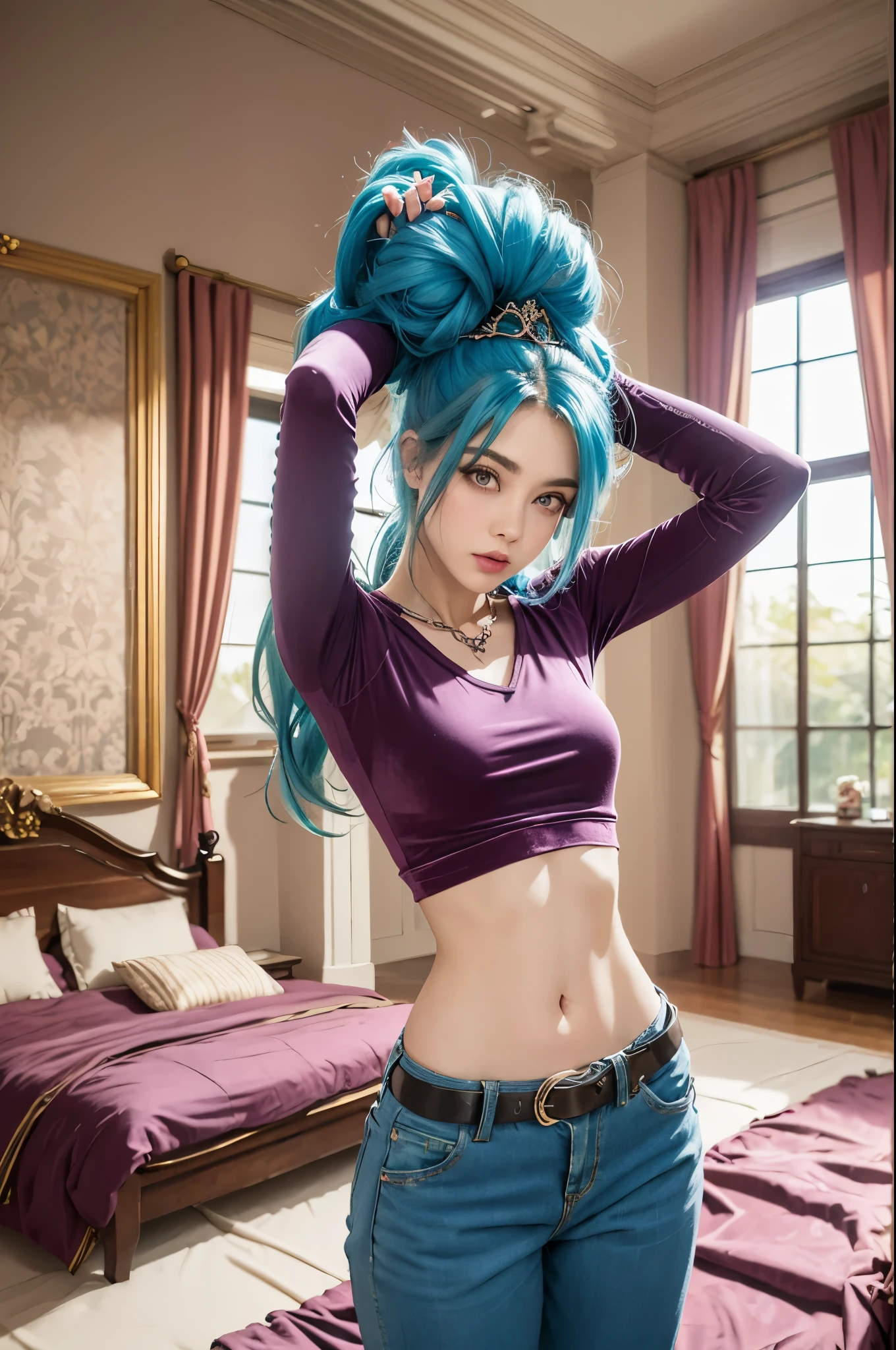 girl, blue hair, purple eyes, long sleeved velvet top, midriff, navel, long pants, belt, jewels, on bed, stretching arms, relaxed, royal bedroom