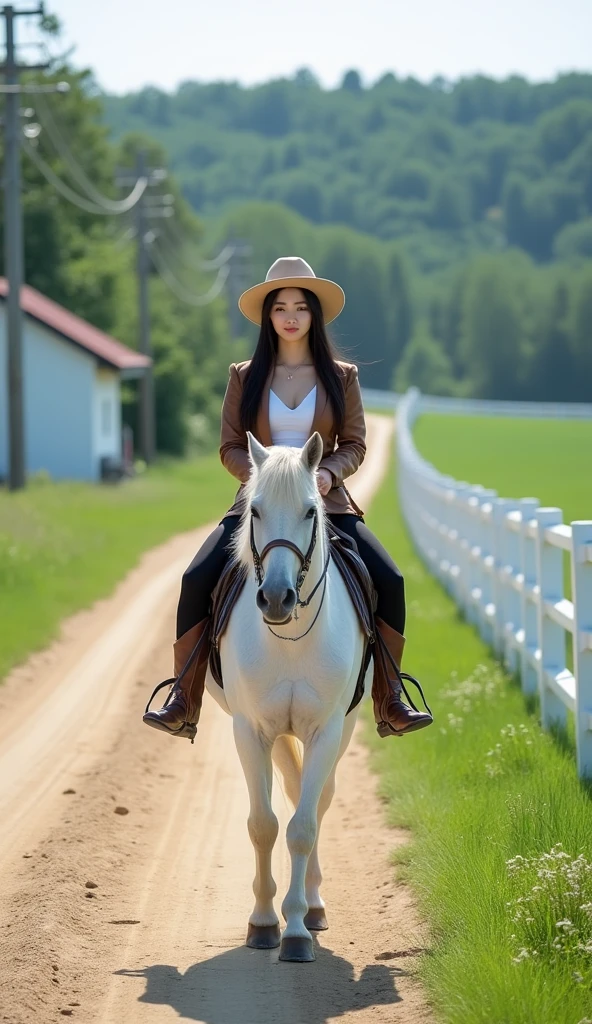 A beautiful young woman(18 year old), (Pretty Idol, Japanese face), white pale skin,cute mouth, cute eye, high nose, beautiful CUP-G chests, Japanese model, very long undo hair,white skin,smooth skin,white skin, a woman with a large breast. wearing a deep v-neck white sports bars strikingly exposed chest slits and wearing a brown leather jacket and wearing black riding breeches, brown cowboy boots,wear a light brown cowboy hat is riding awhite horse on a farm.The image shows a dirt road winding through a green field with a white fence on the right side. On the left side of the road, there is a white building with a sloping roof. In the background, there are trees and a hill covered in greenery. The sky was clear and there were power lines running along the road. The overall mood of the picture is bright and cheerful.A beautiful young woman(18 year old), (Pretty Idol, Japanese face), white pale skin,cute mouth, cute eye, high nose, beautiful CUP-G chests, Japanese model, very long undo hair,white skin,smooth skin,white skin, a woman with a large breast. wearing a deep v-neck white sports bars strikingly exposed chest slits and wearing a brown leather jacket wearing black riding breeches, brown cowboy boots,wear a light brown cowboy hat is riding a white horse on a farm, ยิ้ม, รอยยิ้มยั่วยวน,