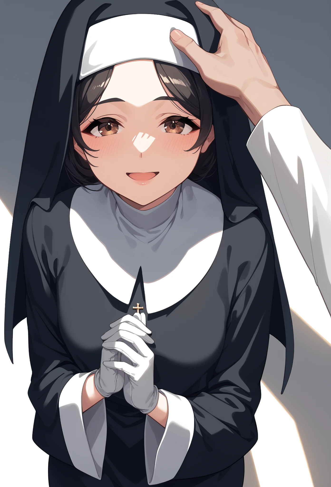 Anime-style character, source_anime, 1woman, Adult, mature woman, 20 year old, Cool anime girl, nun (black nun habit, white glove), happy expression, joyful, blush, calm, smilling, wholesome look, headpat, pov hands, (perfect anatomy, perfect proportions, perfect figure:1.3), deep brown eyes, long hair, black hair, straight hair, lob haircut, curvy body, thick, flat breasts, (half body, medium shot, high angle, Looking at viewer), (background: white background),