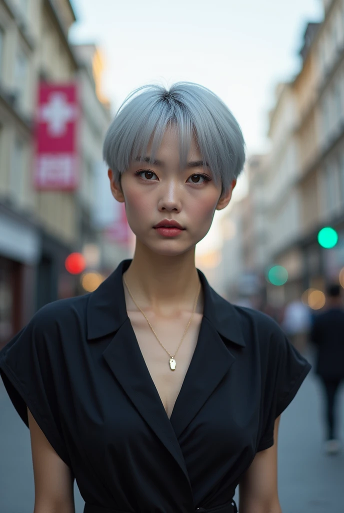 Plano detalle, Young woman of 20 years, asian girl, asian factions, French Bob style hair, dyed white hair, ojos azules, Looking at the camera, retrato fotorrealista, enorme detalle, piel blanca, ropa oscura, cara ultradetallada, estilo de imagen hiperrealista, en la calle, fondo desenfocado, luz realista, fotografia profesional, 4K