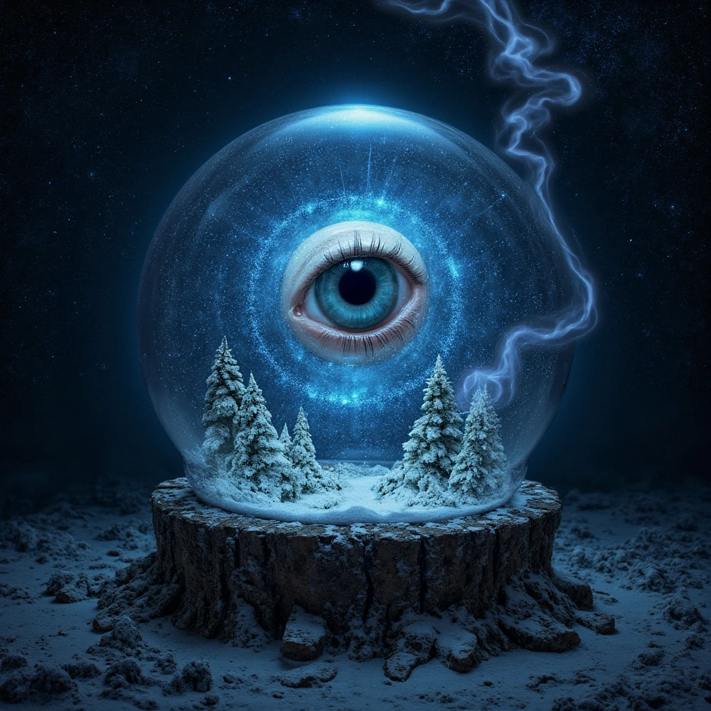 digital eye in snowglobe, universe, matrix, , mysterious, dark fantasy, smoke, 