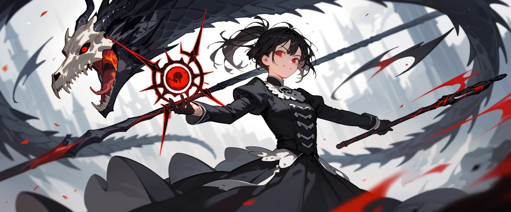girl, black hair, thin hair, slightly white, in red eyes , pretty short hair , long ponytail , Evil, Black Dress with Long Sleeves Closure, Chestnut-sized, Black long-sleeved shirt , put on black gloves, with a slight smile, Staff , Cast Black Beam Spell,Black Dragon Skull ,Stand on the dragon