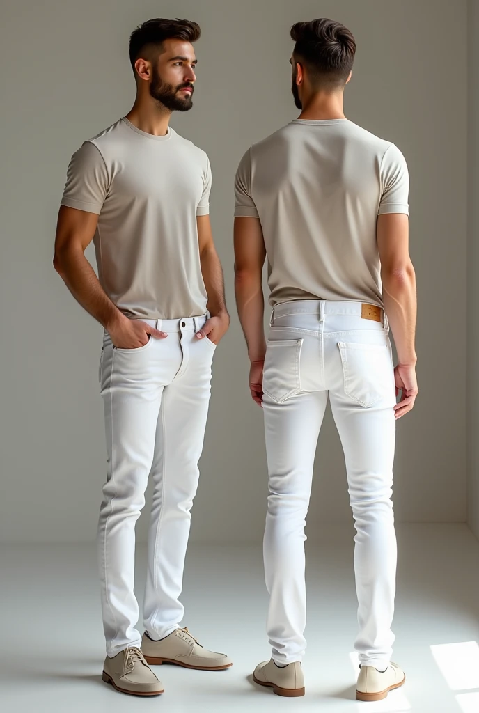 there are two men standing next to each other wearing White pants, sem camisa :: Alto detalhe, White pants, clothes Alto detalhe, em roupas! altamente detalhado, wearing pants, leather pants with belt, cargo pants. cidade ciberpunk, roupas realistas, designer maravilhoso 3d rendered, roupas renderizadas realisticamente, altamente detalhado clothing, Realistic sharp details, lindo impressionante realista, designer maravilhoso