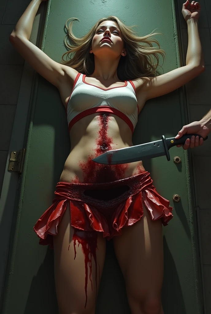 Seductive serial killer with red ponytail with side swept bangs, green eyes, and glossy red lips curled into a smile. She is wearing a pink and white bikini and sandals. She is torturing a tied up policeman with a serrated knife. Location is the a dark basement. Bodies of sliced up victims litter the floor. Blood everywhere.