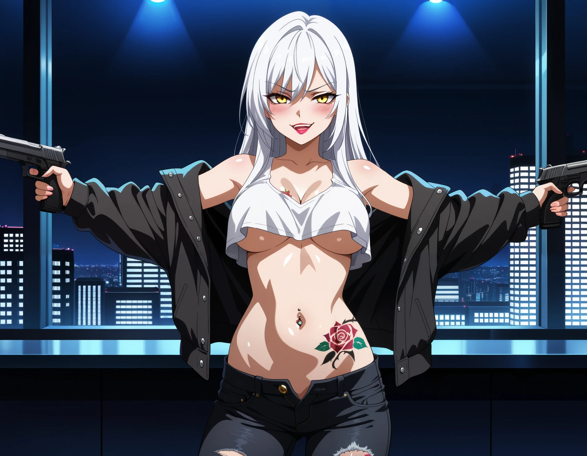 vysis, white hair, long hair, yellow eyes, medium breasts, anime coloring, blush, lipstick, long hair, Hot girl, baddie, staring, glaring, bad attitude, mean girl, indoors, bar background, inside bar, quality,4k, bare
shoulder,belly,crop top,holding pistol,cleavage, unbuttoned shirt,shirt, knot, indoor,smile, open
mouth, (nsfw) not safe for work, evil expression, exposed belly, exposed navel, exposed midriff,
exposed lower belly, crop top overhang, underboob,jacket, unbuttoned jeans , low rise black jeans,
Low rise jeans, Low rise jeans with open fly, cityscape, building, nightclub, city lights, dragon tattoo, tattoo on body, tattoo midriff, rose tattoo, shiny skin,, open arms sideway, arms T-pose, smirk, standing, anime girl T posing, navel piercing