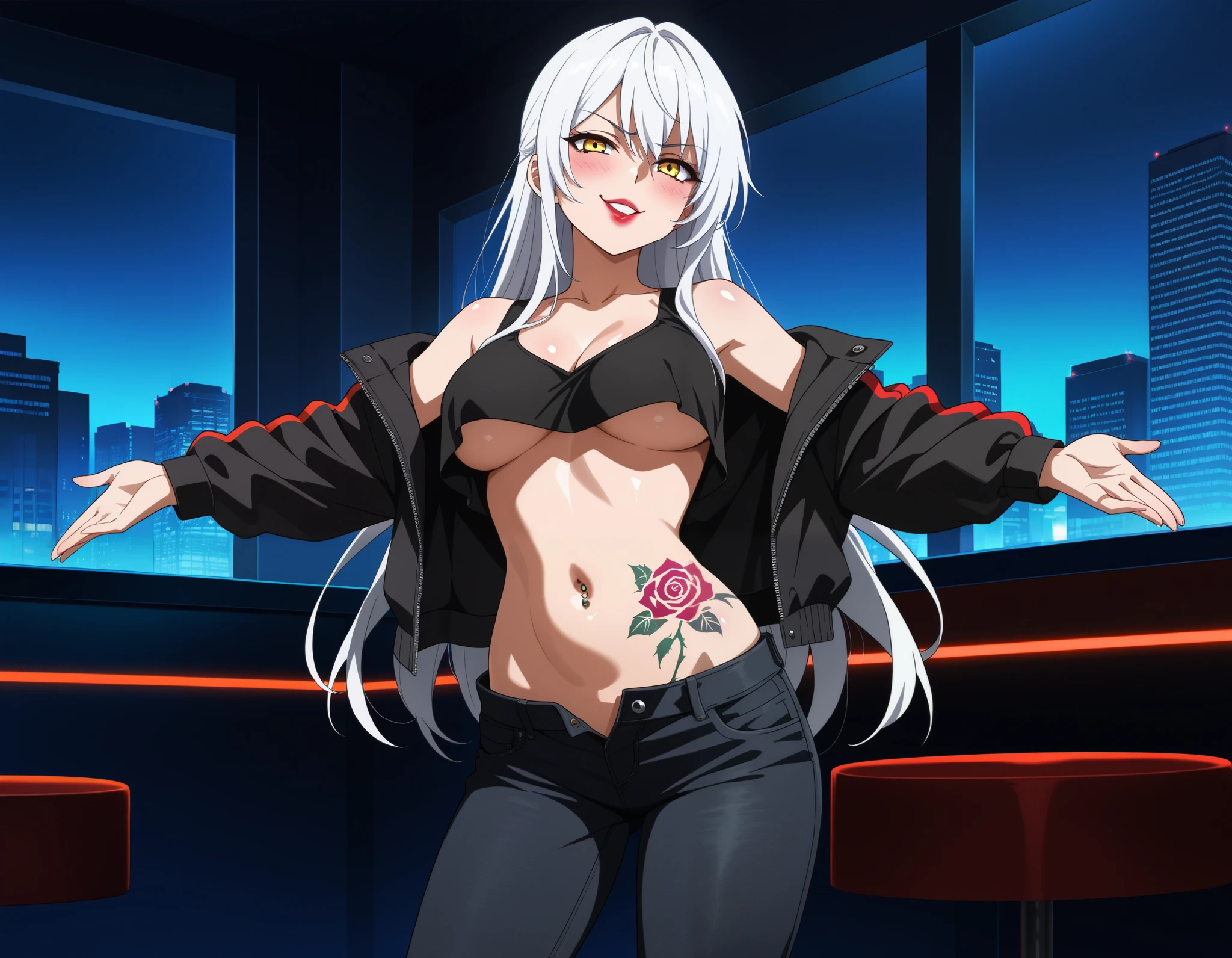 vysis, white hair, long hair, yellow eyes, medium breasts, anime coloring, blush, lipstick, long hair, Hot girl, baddie, staring, glaring, bad attitude, mean girl, indoors, bar background, inside bar, quality,4k, bare
shoulder,belly,crop top,holding pistol,cleavage, unbuttoned shirt,shirt, knot, indoor,smile, open
mouth, (nsfw) not safe for work, evil expression, exposed belly, exposed navel, exposed midriff,
exposed lower belly, crop top overhang, underboob,jacket, unbuttoned jeans , low rise black jeans,
Low rise jeans, Low rise jeans with open fly, cityscape, building, nightclub, city lights, dragon tattoo, tattoo on body, tattoo midriff, rose tattoo, shiny skin,, open arms sideway, arms T-pose, smirk, standing, anime girl T posing, navel piercing