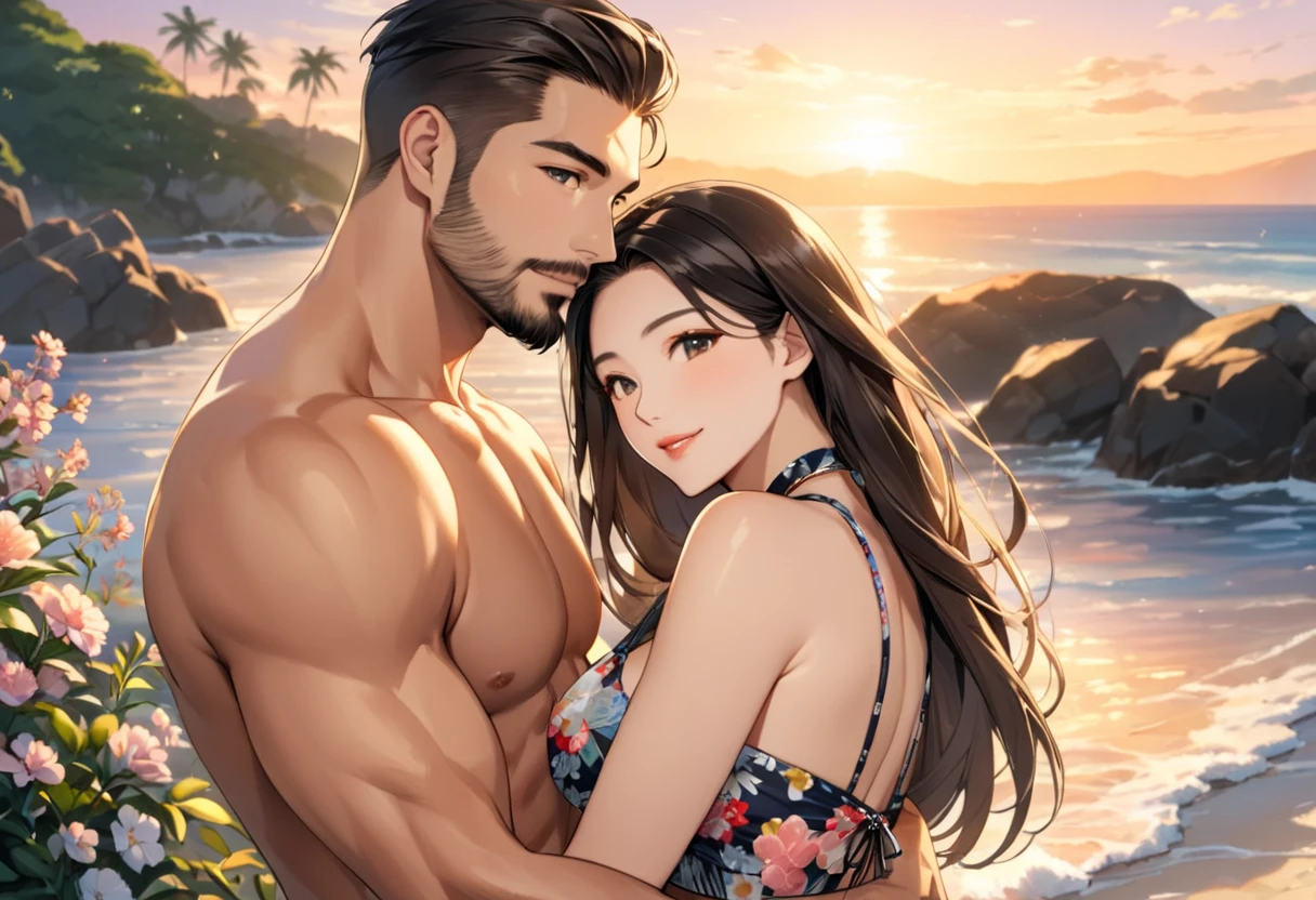 (Tabletop, Digital Art, Digital Illustration, 4K, 8K, Super detailed, Beautiful images, Clear images, Realistic, RAW Photos, Perfect Face, Perfect Lines, Perfect Eyes, Soft lighting) , masterpiece, best quality, 1 girl , large breasts, brown hair, half updo , brown eyes,water drop,white bikini, Halter Bikini, botanical bikini, beach,(shallow pool:1.3), (wet:1.1), water drops, pool, in the pool,city lights,night sky,botanical, (1 man, a man is grabbing girl’s breasts from behind:1.5),seductive smile,