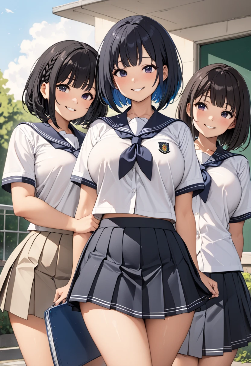 ((2 sexy young girls ,Improve))nsfw,, , Curvy,Black braids , bob cut black hair,stand,(( school uniform,)), Happy smile. Flashing 