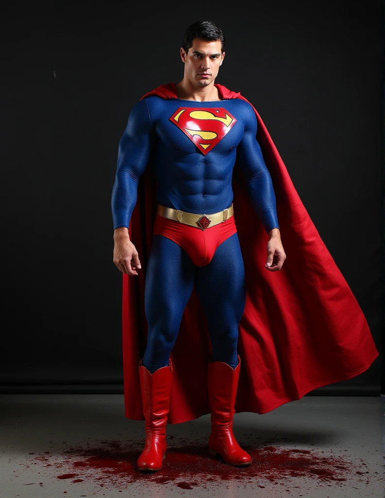 A base model of a sexy indian man wearing a superman costume, homoerotic, nsfw , handsome face, detailed eyes ,(penis),head to thighs on focus, ,pubic hair , bookeh, masterpiece , posing for photo shoot , moustache 