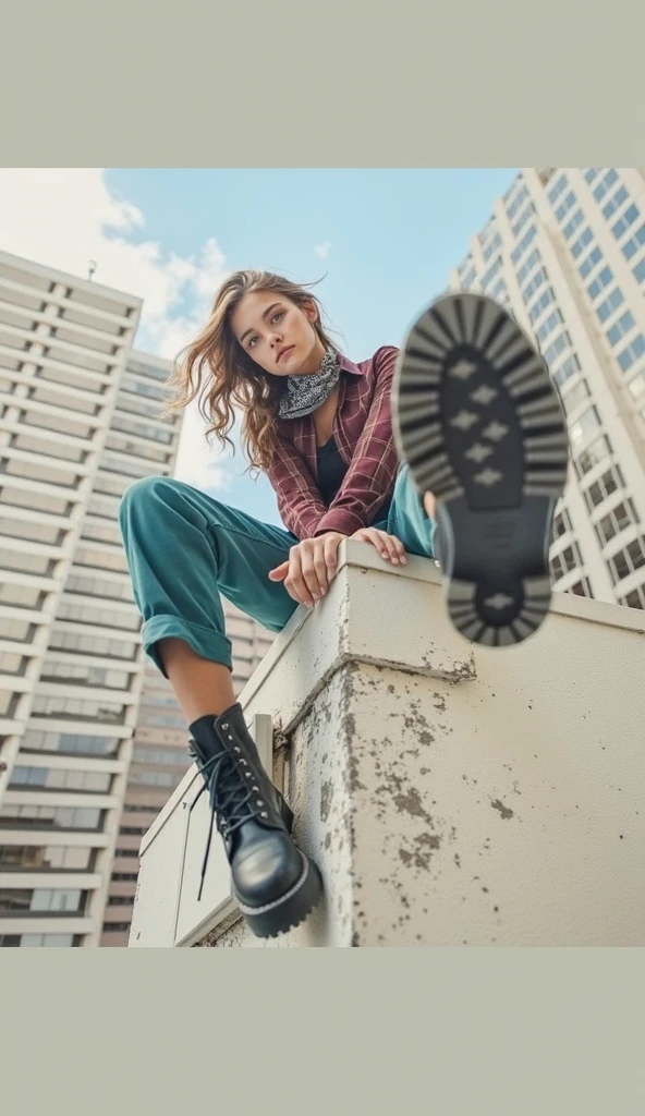  a woman sitting on a wall in the foreground of her feet , You can see the soles of the shoes ,  seen from below her feet up and a building in the background, hair flying through the wind ,  A photograph of Emma Andijewska , Em Tendência No Pexels , photorealism,  a girl sitting on a roof , Standing on the roof, Standing on the roof, sits on a roof ,  sitting on the roof of a skyscraper , Standing on the roof de un rascacielos,  editorial photograph ,  photo shoot