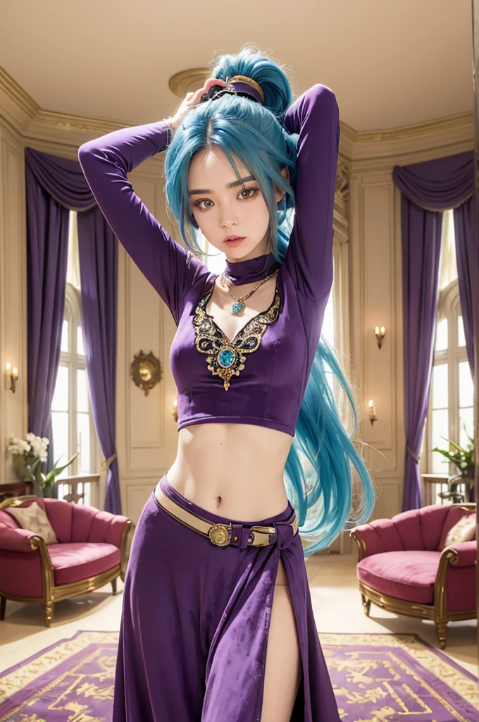 SCHALA, long blue hair, ponytail, purple eyes, long sleeved velvet top, midriff, navel,  purple velvet skirt, belt, jewels, standing, arms up, relaxed, royal living room