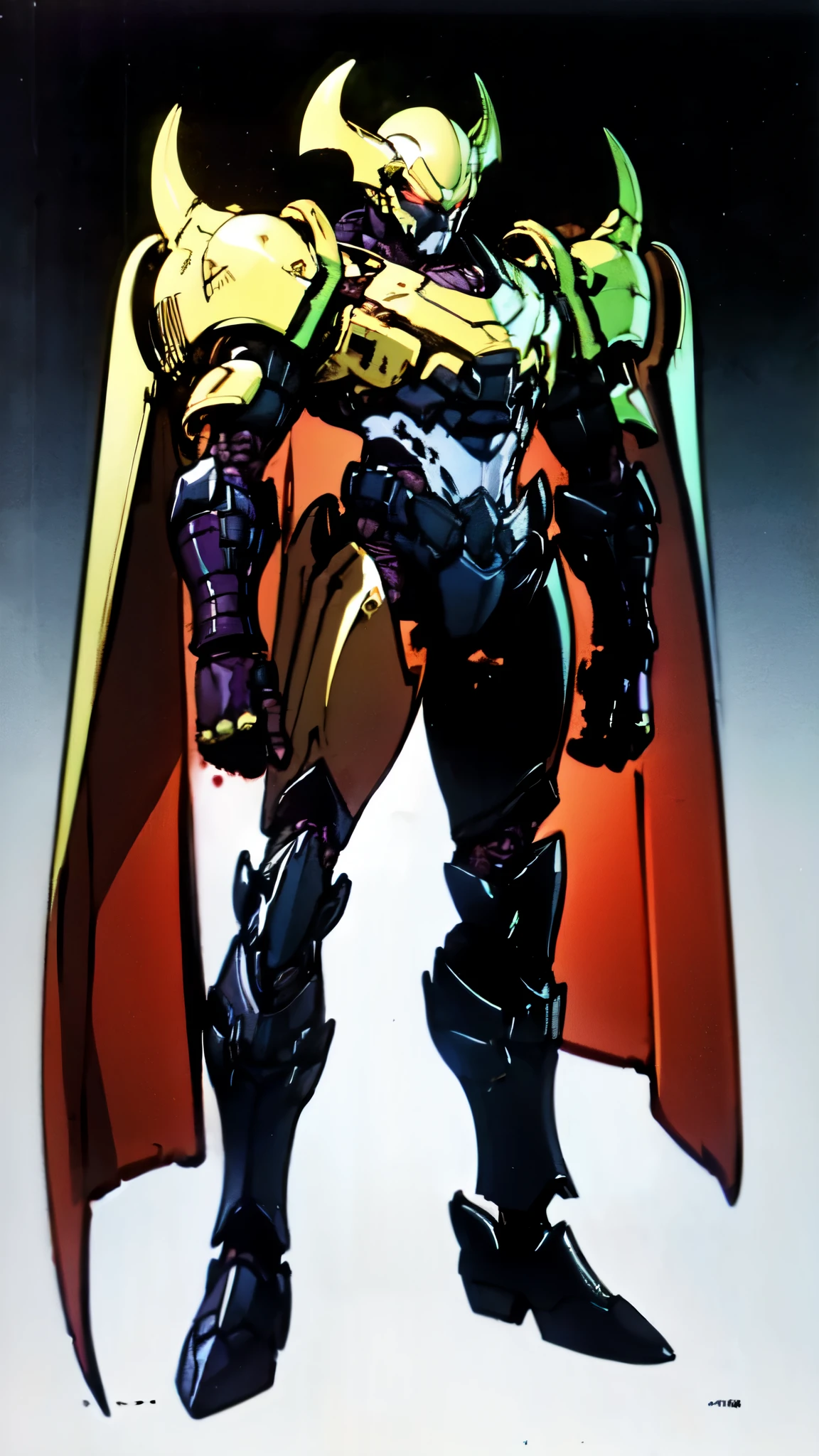 (masterpiece:1.5, best quality:1.5, extremely delicate:1.5), ((male:1.5)), a man wearing a full-face helmet, high-tech biomimetic armored combat suit, (a composite layered chest armor), the design balances heavy with agility, fully enclosed shoulder guards, matching arm and leg guards, a belt of gemstone, (the color scheme is primarily Red with Purple and Yellow accents, Organic Biotech, Concept Inspired by Vampire, glowing eyes, armor glows, huge cloak like devil wings, blood), stand of a futuristic sci-fi city, this character embodies a finely crafted fantasy-style armored hero in anime style, exquisite and mature art style, metallic, high definition, highres, ultra-detailed, ultra-fine painting, professional, perfect body proportions, golden ratio, anatomically correct, symmetrical face, extremely detailed eyes and face, high quality eyes, creativity, RAW photo, UHD, 32k, Natural light, cinematic lighting, (masterpiece-anatomy-perfect:1.2)