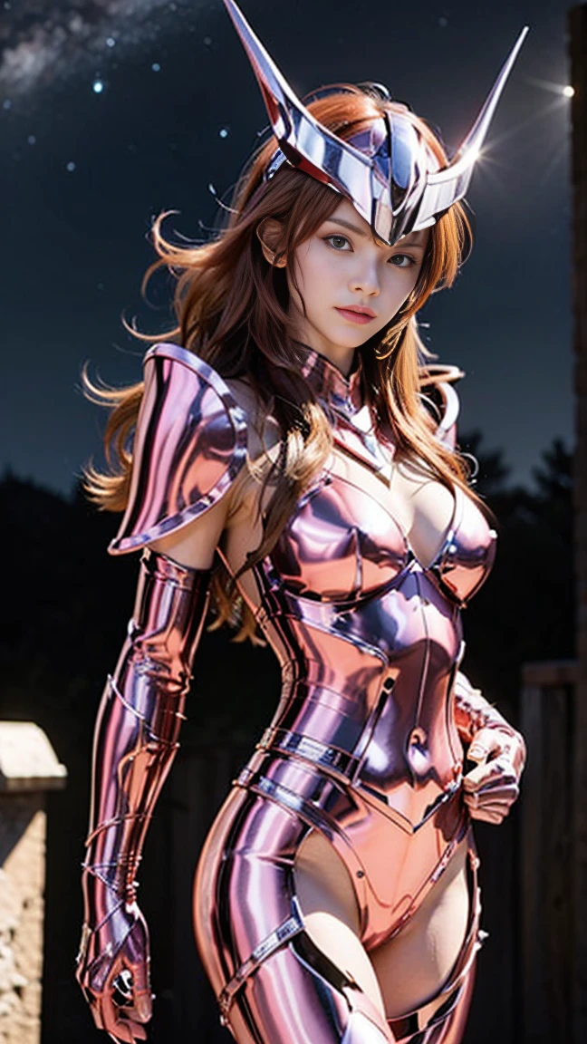   Masterpiece  ,  top quality, 超 high definition , born々Nice skin texture,  Armature , Realistic,  high definition , Original photo, shiny skin, born々Nice skin texture, Best lighting, , Dramatic lighting,  Dynamic Poses , Star Background, Night Sky, universe, milky way,  1 girl,  balanced eyes , Andromeda Shun, Pink armor , Chest, , Red Hair,  pink helmet ,  blue eyes,  watching the audience, Big Breasts, A faint smile, Lock，Reveals her stomach