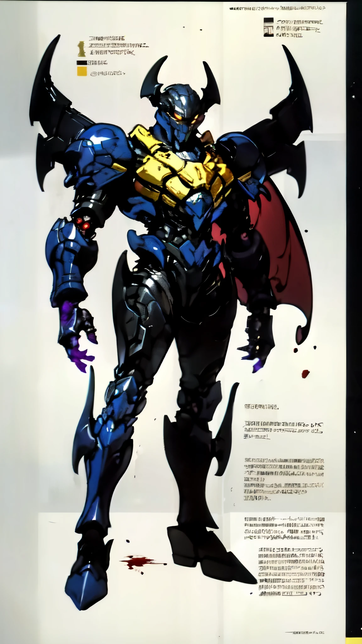 (masterpiece:1.5, best quality:1.5, extremely delicate:1.5), ((male:1.5)), a man wearing a full-face helmet, high-tech biomimetic armored combat suit, (a composite layered chest armor), the design balances heavy with agility, fully enclosed shoulder guards, matching arm and leg guards, a belt of gemstone, (the color scheme is primarily Red with Purple and Yellow accents, Organic Biotech, Concept Inspired by Vampire, glowing eyes, armor glows, huge cloak like devil wings, blood), stand of a futuristic sci-fi city, this character embodies a finely crafted fantasy-style armored hero in anime style, exquisite and mature art style, metallic, high definition, highres, ultra-detailed, ultra-fine painting, professional, perfect body proportions, golden ratio, anatomically correct, symmetrical face, extremely detailed eyes and face, high quality eyes, creativity, RAW photo, UHD, 32k, Natural light, cinematic lighting, (masterpiece-anatomy-perfect:1.2)