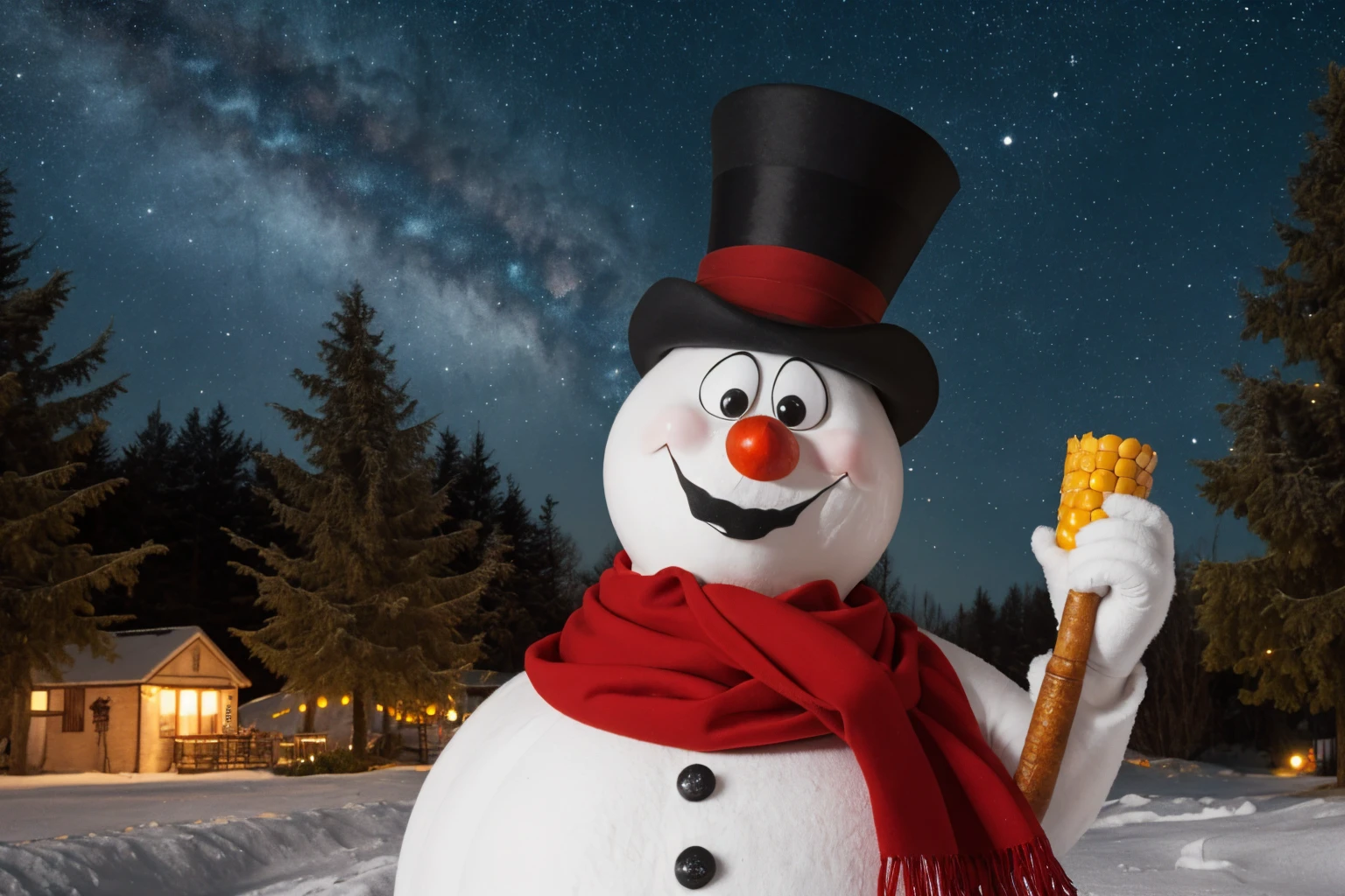 (solo),(Frosty_the_Snowman\(with a corn cob pipe,, black top hat and red scarf,smiling\):1.2) \), in the front of beautiful Christmas tree, starry night,. BREAK .quality\(8k,wallpaper of extremely detailed CG unit, high resolution, top-quality, top-quality real texture skin, hyper realistic, increase the resolution, RAW photos, best quality, highly detailed, the wallpaper, golden ratio, high saturation realism, vibrant colors, dramatic lighting, persuasive storytelling, atmospheric scenery, captivating visuals, intricate details, strong emotions, dreamlike world\),landscape,