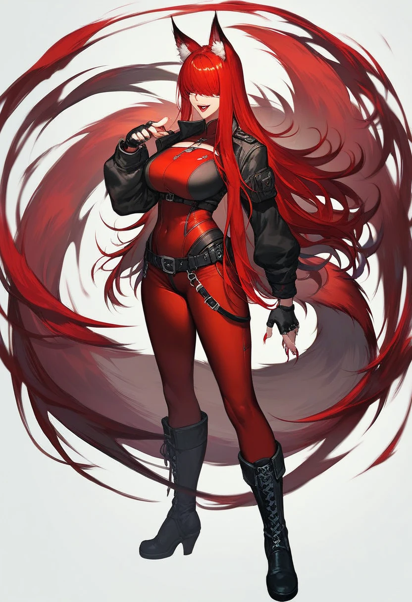 One woman, mature, anime character art, tall, aloof expression, blind eyes, white eyes, red eyeliner, sharp face, large fox ears, seven red fox tails,flowing red hair,hair over eyes, maroon bodysuit, red jacket, carved skin,black knee-high boots, fingerless gloves, claws, cocked head, facing center, close-up, dark colors, dark lighting, dark background.