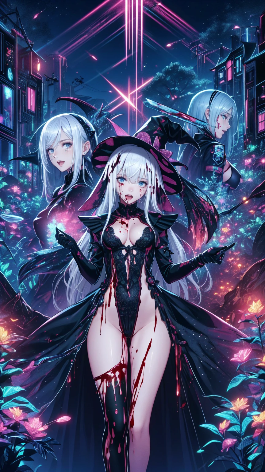 ,Multiple girls,Frolicking Girl, multiple women ,Tea Party,Crazy Smile, looks up,Face shot,Scythe Face,Girl Monster ,  slave,beautiful, Detailed portrait,  gentle face ,  sharp eye,  sharp fangs,  pale skin, Thick Chain, Dark Background,  movie lighting, Dramatic Shadows, Gothic,  Gloomy Atmosphere , Dark fantasy,  one girl, ,  please open your mouth wide,  open your mouth to bare your teeth,Sharp teeth like a beast, Wide lips, Very big mouth,  red cheeks , ,( Blood Splatter :1.3),Scary face, Laughter　Witch design, Twisted Smile、Bloody、Blood is flowing from my head ,、 Blood Splatter 、,( Blood Splatter :1.3),Crossbones,  skull bones,　, Horror Style, (( Fantasy Witch Outfit )), ((White hair fluttering)), ,( Blood Splatter :1.3),Female Curves,  Big Breasts , thick thighs,  Sexy Flat Stomach ,   perfect hands, Perfect anime face, ((Dark Tadres)),  standing, ((wicked smile)), ,( Blood Splatter :1.3),Victorian city, Gas lamp , Steam circulation, Moonlight Illumination, night lighting, A sky filled with stars and galaxies,disaster々New Devil Horns,,( Blood Splatter :1.3),アニメゾンビWitch design, Twisted Smile、Bloody、Blood is flowing from my head ,、 Blood Splatter 、,( Blood Splatter :1.3),Crossbones,  skull bones,
