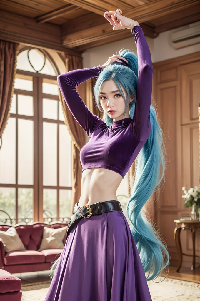 SCHALA, long blue hair, ponytail, purple eyes, long sleeved velvet top, midriff, navel,  purple velvet skirt, belt, jewels, standing, arms up, relaxed, royal living room