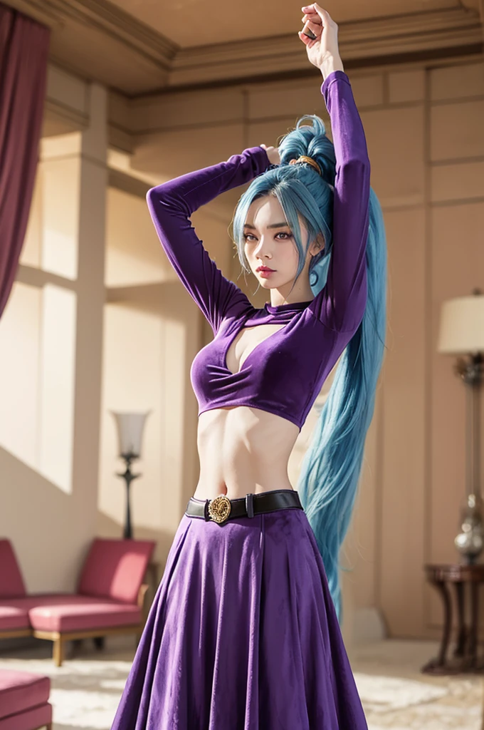 SCHALA, long blue hair, ponytail, purple eyes, long sleeved velvet top, midriff, navel,  purple velvet skirt, belt, jewels, standing, arms up, relaxed, royal living room