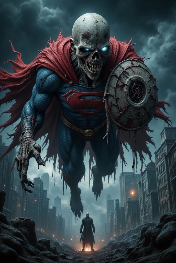 ((masterpiece)) ((photography)) ((Highest quality)) A terrifying zombie version of Superman hovering above a ruined city. His blue suit is ragged, with bloodstains and torn fabric hanging from his body. The iconic "S" shield is cracked and worn, barely recognizable. His face is half rotted, with one glowing eye and a skeletal grin revealing jagged teeth. His red cape flaps in the wind, now shredded and torn. In the background, the remnants of a destroyed Metropolis lie under a dark, stormy sky. Hyper-realistic decay on his exposed ribs and deformed musculature adds to the terrifying detail.