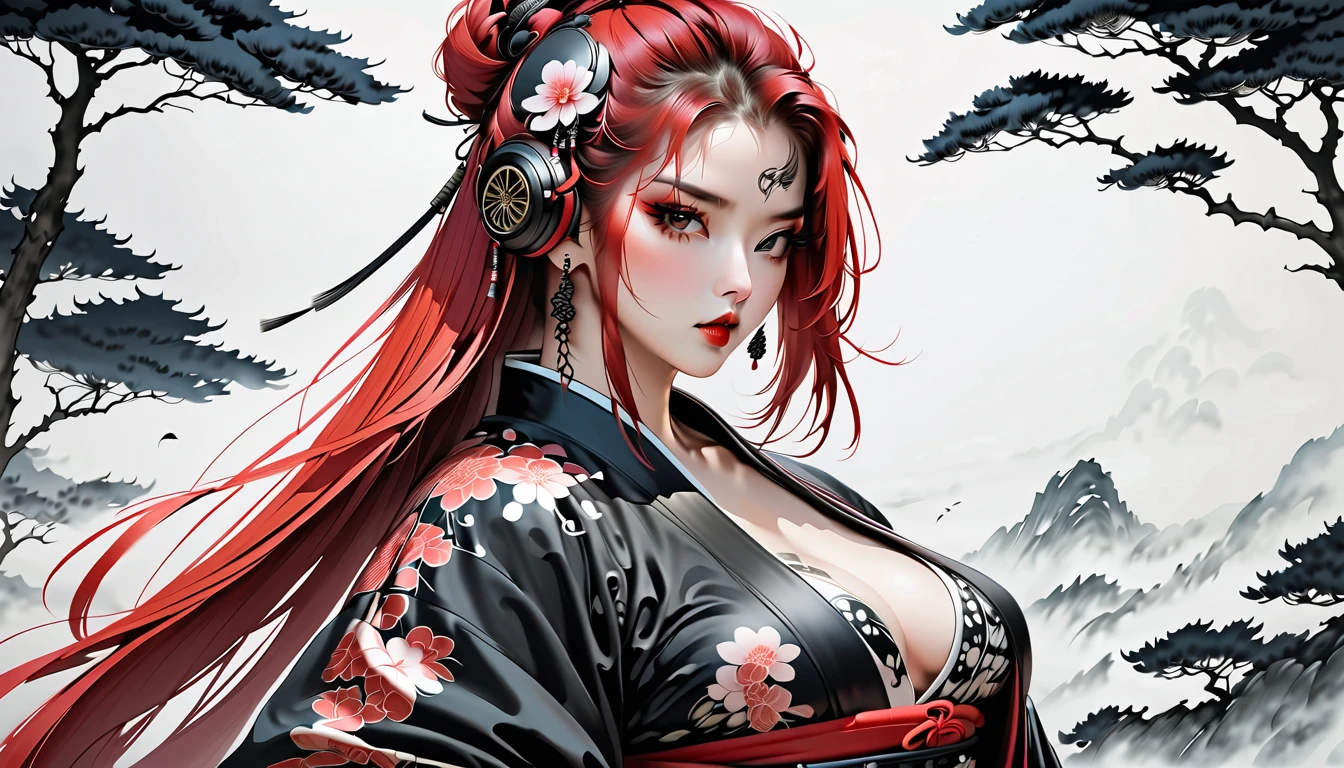 menacing pose、True Face、From the knee up、(Metallic red hair)、Long Hair、Sex Appeal、Shiny、Japanese、The beauty of kimono、Japanese military commander、Warrior、Simple、Sharp eyes、height: 180cm、Deep Red Lipstick、30 years old、成熟したwoman、An illustration、slim and muscular、woman、Threatening、dignity、aura、Updo、ponytail、I can see your thighs、The skin on the shoulder is visible、Dark silver hair、Gorgeous floral patterned kimono、Studio Lighting、Big Breasts、Fancy hair accessories、Flower kanzashi、Bright red kimono、Look here、Angry、Confident expression、Kimono with cute flowers scattered all over、