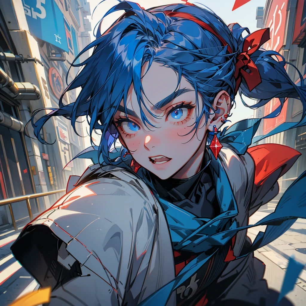 One person,male, blue hair ,Dark blue eyes、Droopy eyes,joy、 headband、Double teeth、red crystal earrings、 low ponytail 、 street fashion