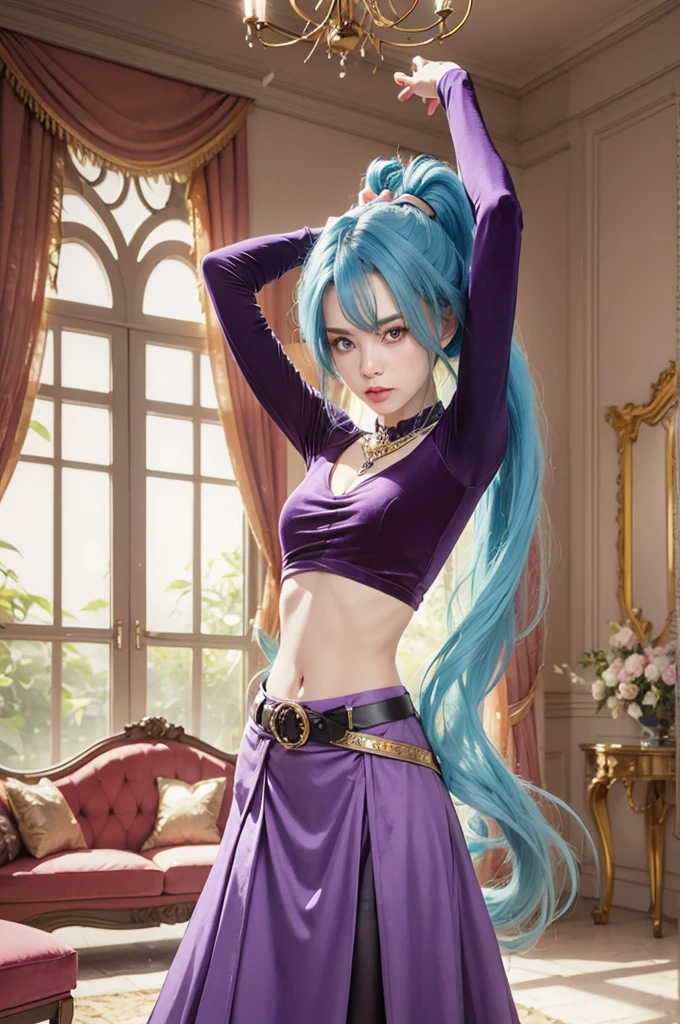 SCHALA, long blue hair, ponytail, purple eyes, long sleeved velvet top, midriff, navel,  purple velvet skirt, belt, jewels, standing, arms up, relaxed, royal living room