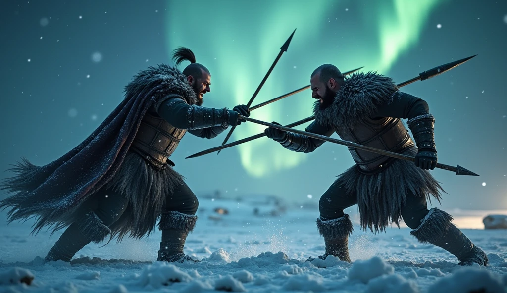 best quality,ultra-detailed,realistic,2 guys,fire and ice clash,fists,smiling,changing environment,woods