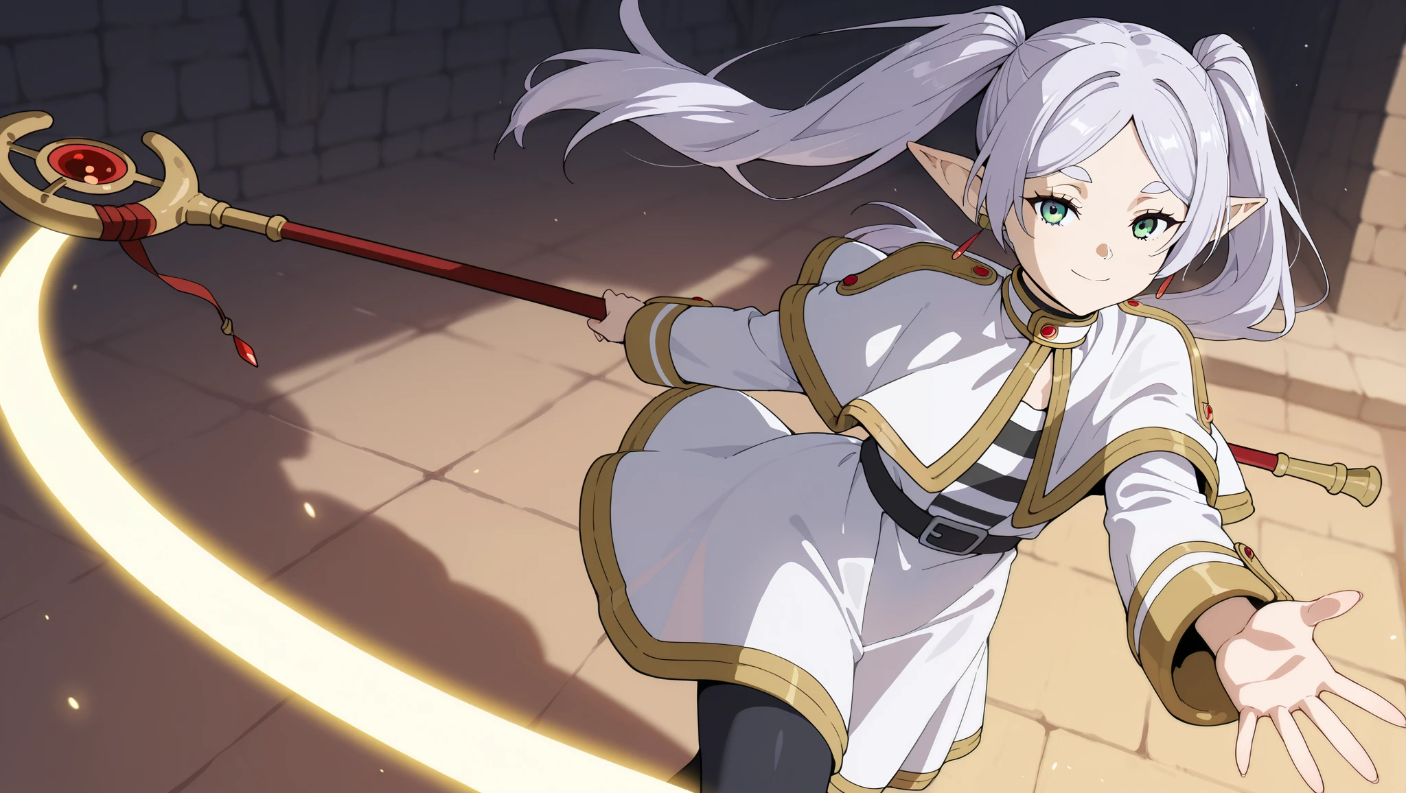 (masterpiece), best quality, absurdres, very aesthetic, nice hands, 1 girl,zzFrieren, long hair, smile, twintails, green eyes, grey hair, pointy ears, elf, zzFrieren, long hair, twintails, green eyes, grey hair, pointy ears, elf, shirt, long sleeves, jewelry, earrings, striped, capelet, striped shirt, white skirt, black pantyhose,
