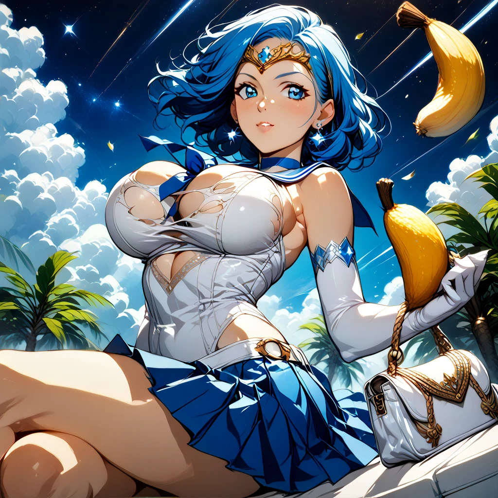 ( top quality),( high definition ),nsfw,mercury,  shorthair,  blue hair,  tiara ,  earrings for a woman alone,  blue eyes,  Blue choker , Blue sailor collar,  blue bow tie,  white shirt, elbow gloves, White handbag,  pleated skirt ,  blue skirt, Bare legs, Round Breasts ,  Connect bananas between breasts  ,  clevis,,Swollen breasts, torn clothes