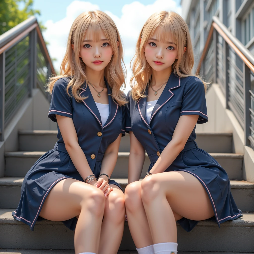  photorealistic perfect body 、 Super Best Picture Quality 、Realistic Ultra High Quality、Super high quality face、( comet :1.4)、(With two girls:1.4)、(Big Breasts:1.5)、( clevis:1.5)、(  Women's College Uniform:1.5)、(  super miniskirt  :1.5)、(Look at the socks:1.4)、 Thin Waist、( blonde hair:1.5)、(Curly hair:1.5)、(Perm Hair:1.5)、( smooth bangs)、( thick eyeliner in gal style :1.1)、( has long eyelashes:1.1)、( false eyelashes:1.1)、Gal-style makeup、Gal-style earrings、 gal style bracelet 、( Gal Style Triple Necklaces :1.2)、Sit on the stairs