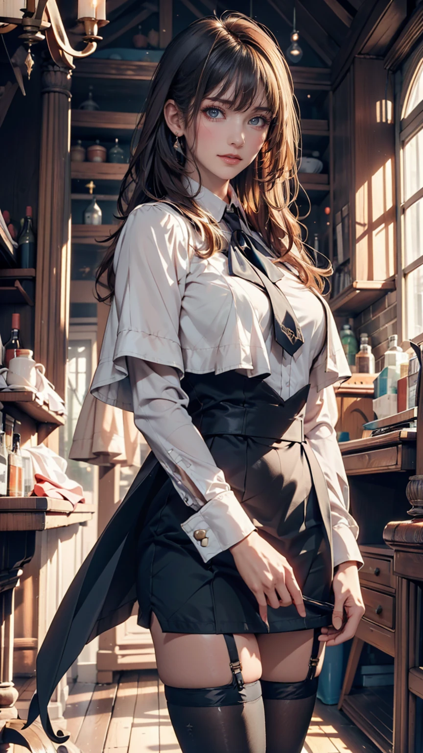 a 35 year old woman, beautiful and intelligent, managing a store, wearing practical work clothes without jewelry, short brown hair, medieval era, detailed face and eyes, photorealistic, 8k, high quality, realistic lighting, warm color tones, intricate details. В закрытой одежде.