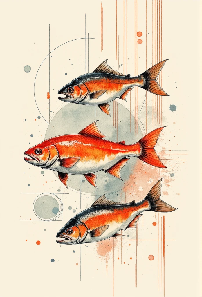   ภาพลายเส้น,ภาพวาดของ,3 salmon, pencil colour, (sketch picture), illustration , orange line colours, retro colour , white colour 