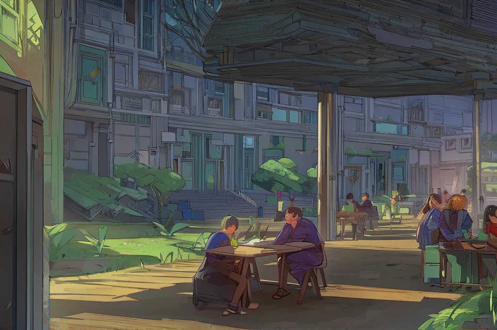 A bustling open-air university, a community where everyone learns and everyone teaches, photorealistic, highly detailed, 8k, intricate architectural design, lush greenery, diverse students engaged in discussions, chalkboards and lecture halls outdoors, warm lighting, vibrant colors, inspiring atmosphere