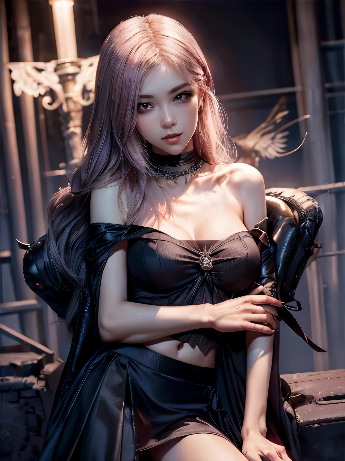 Princess of lightness,pink hair,busty,Glamour,Gorgeous,Jewelry,monochromes,goddess,light Fantasy,light Venus,erotic posing,Dynamic Posing,Dramatic,Cinematic,Detailed background,light fantastic view,Best Quality,masutepiece,8K,The ultimate detailed light background, Top image quality、RAW photography、超A high resolution、show legs,cropped shoulders,close-up all over the body,Be red in the face,overall look is very erotic。(Hand optimization),(Details are strengthened),(High Picture Quality) An 18-year-old female、Shot for one person only、model shoot、medium breasts、Wearing a black skirt、Beautiful Eyes of Details、Very slender eyes、Beautiful eyelashes、beautiful double eyelid、Very slim physique, Shy, with blush cheeks, 🖤