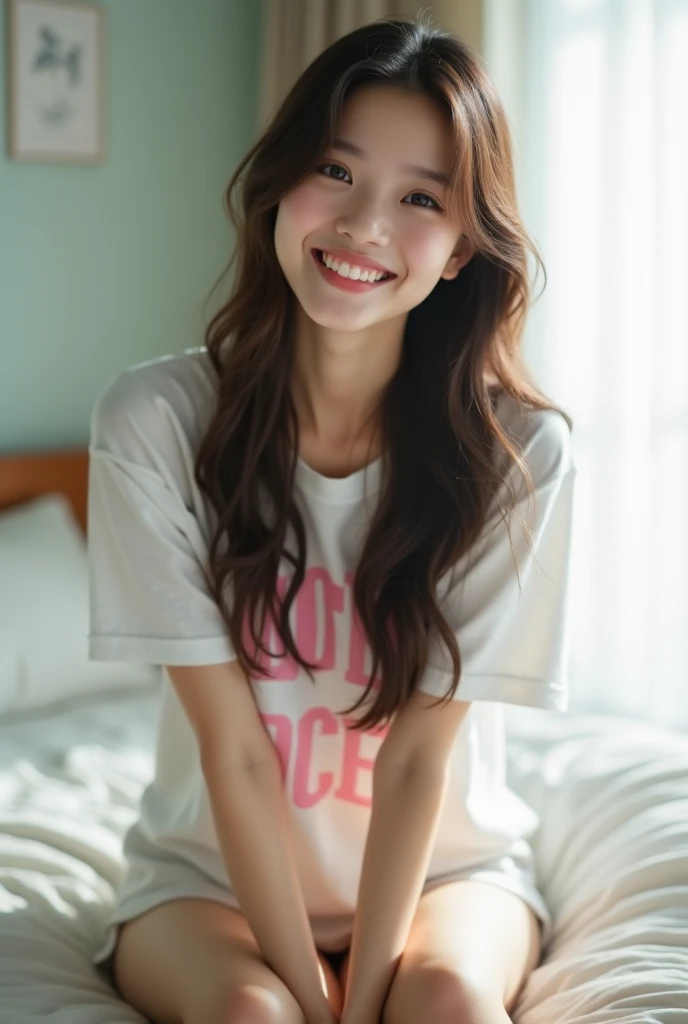 (8k, Top quality, Masterpiece:1.2), (Realistic, photo-realistic:1.37), Super detailed, perfect anatomy, cute, small eyes, 18 years old, a Japanese, girl, lying bed, short sleeve, half smile,
