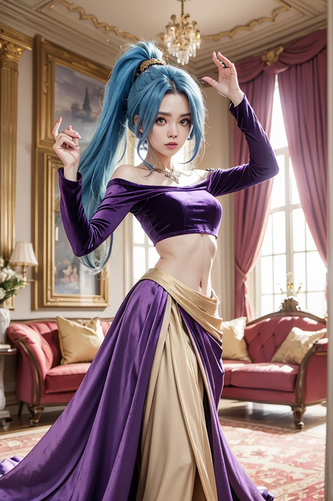 SCHALA, long blue hair, ponytail, purple eyes, long sleeved velvet top, midriff, navel,  purple velvet skirt, belt, jewels, standing, arms up, relaxed, royal living room