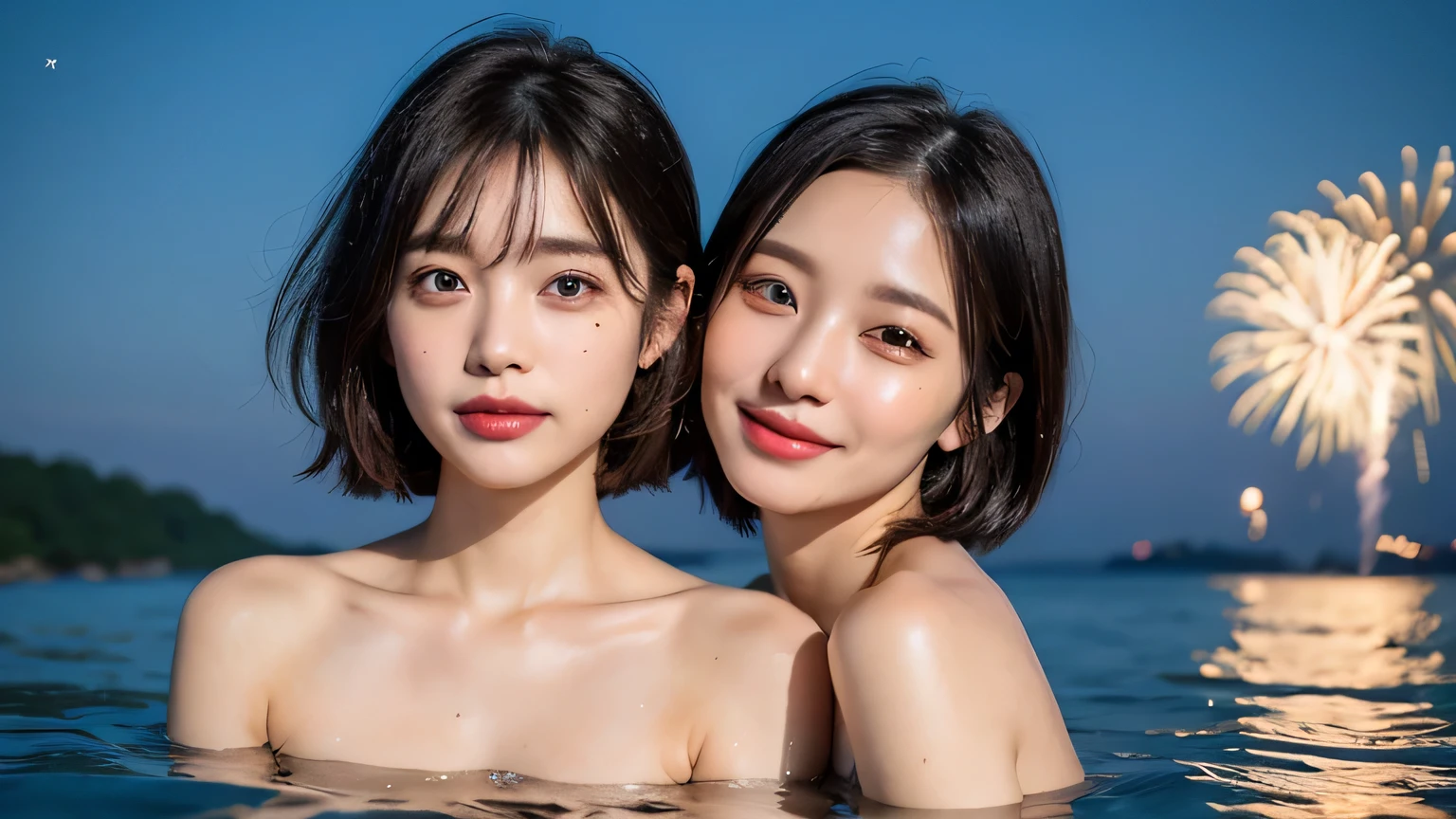 (2girl), enchanting smile, (extremely detailed beautiful face), (highly detailed eyes, highly detailed face), (mid bob hair), (bikini, cleavage), Fresh, very clean appearance, (best Quality:1.4), (hyper-realistic, hight resolution), Professional Photography, beach, palm trees, standing, Outdoors, (beach), beautiful bule sky, Close up portrait of girl, hoodie with open chest, staring at me,