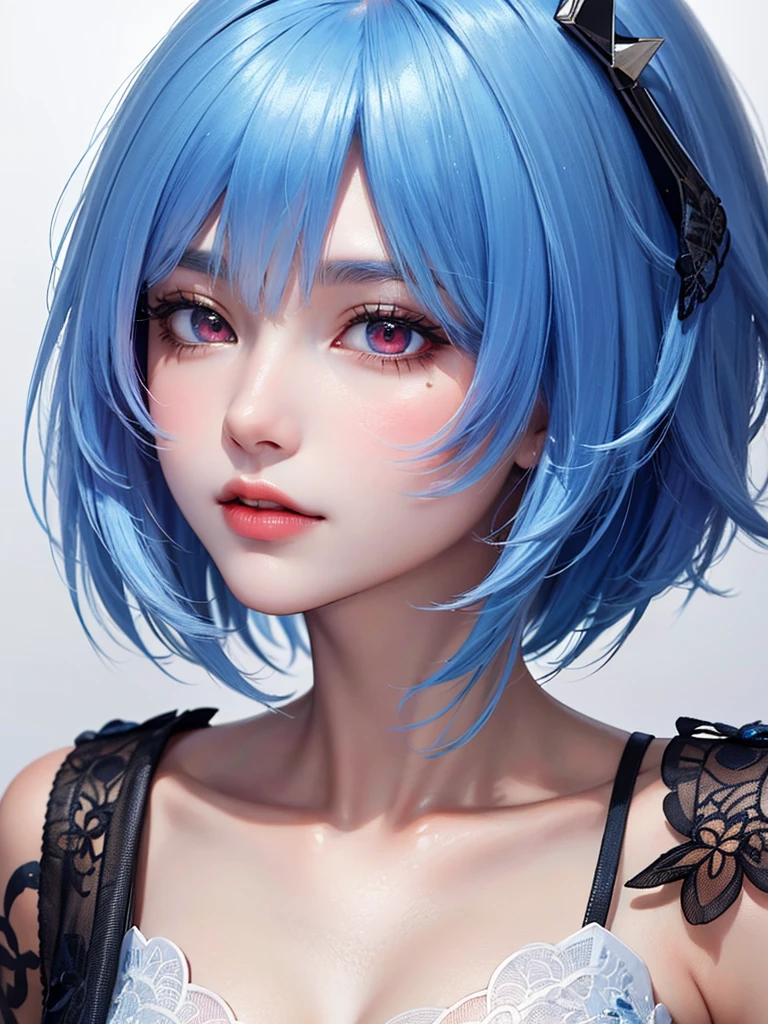 Masterpiece, Best Quality, 8K, Detailed Skin Texture, Detailed Cloth Texture, Beautiful Detail Face, Intricate Detail, Ultra Detailed, Portrait of Rei Ayanami, Blue Hair, Red Eyes, Head Tilt, No Background