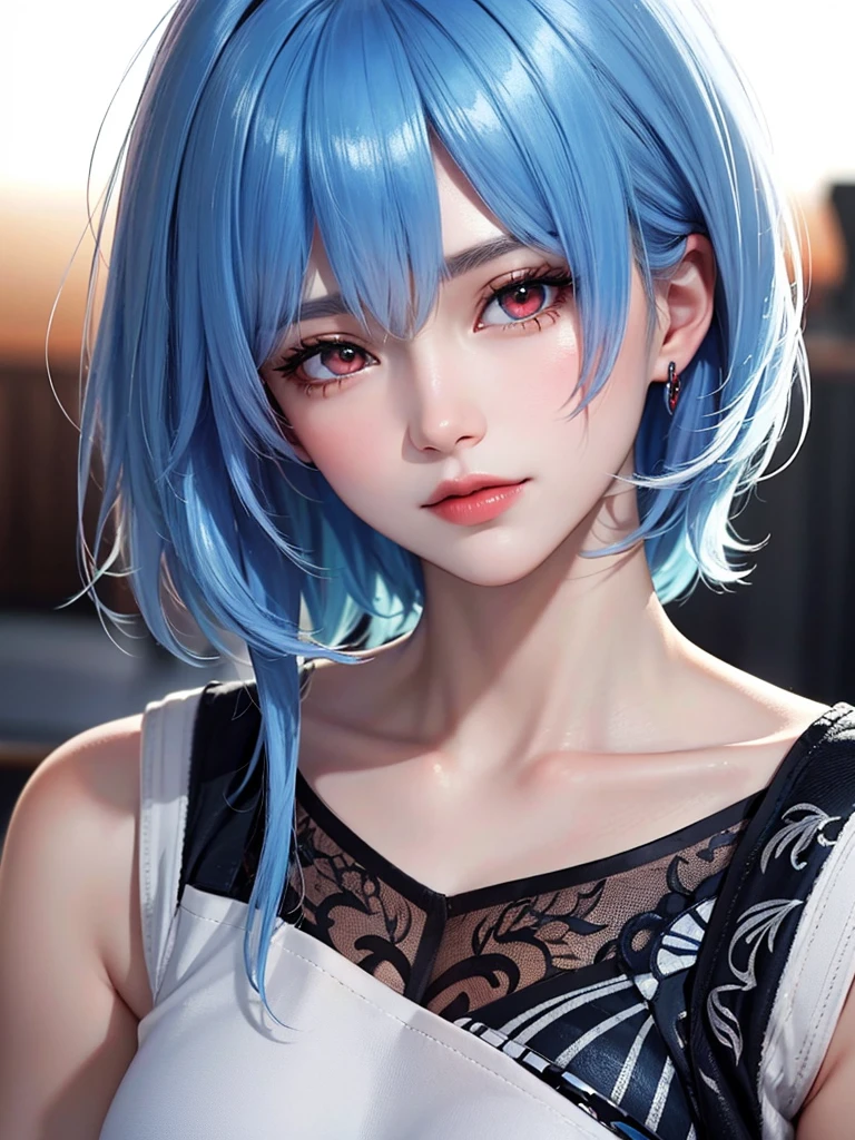 Masterpiece, Best Quality, 8K, Detailed Skin Texture, Detailed Cloth Texture, Beautiful Detail Face, Intricate Detail, Ultra Detailed, Portrait of Rei Ayanami, Blue Hair, Red Eyes, Head Tilt, No Background