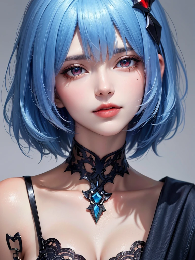 Masterpiece, Best Quality, 8K, Detailed Skin Texture, Detailed Cloth Texture, Beautiful Detail Face, Intricate Detail, Ultra Detailed, Portrait of Rei Ayanami, Blue Hair, Red Eyes, Head Tilt, No Background