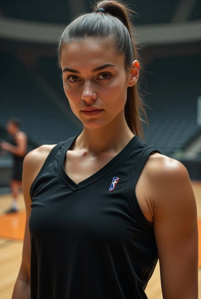 Lana Del Rey with ponytail hair dressed in tight sportswear at the gym with a smile