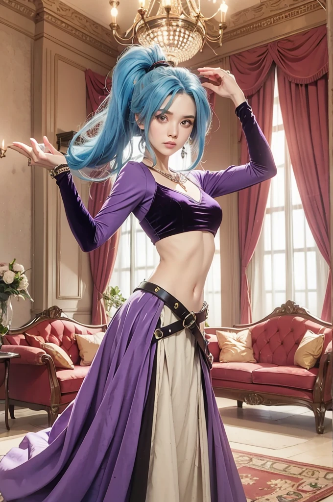 SCHALA, long blue hair, ponytail, purple eyes, long sleeved velvet top, midriff, navel,  purple velvet skirt, belt, jewels, standing, arms up, relaxed, royal living room