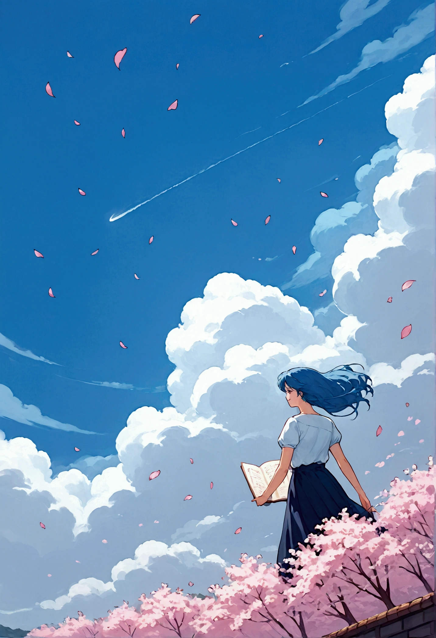   score_9,   score_8_up,   score_7_up, (  Masterpiece  ), (  top quality), ( super detailed), (Illustration),( 1 Woman :1.6),  Japanese ,beautiful瞳,  blue hair ,  Casual clothes ,beautifulグラデーション,(Woman smiling),( The background is countless pink petals fluttering through the air),(  back view),( Women look back here :1.2),( Hair swaying in the wind ),( 、Writing depth  ),(dynamic),(顔のup),(beautiful顔),(beautiful瞳),(  anime artwork  :1.2),(  Flat Color  ),  studying 80s anime style , dynamic angle , beautiful,  pastel color  